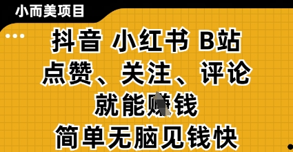 小而美的项目，抖音小红书B站视频点赞、关注、评论就能挣钱，简单无脑立见收益，妥妥的零撸项目【揭秘】好项目网-专注分享网络创业项目落地实操课程 – 全网首发_高质量创业项目输出好项目网